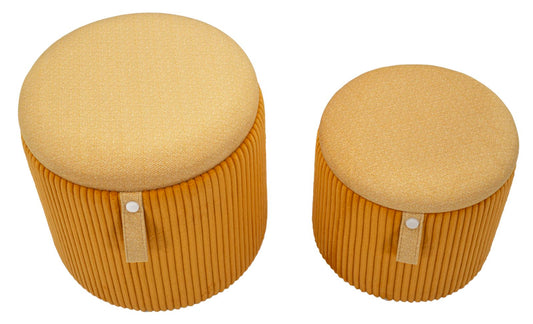 Pouf Bolzano senape in set da 2 pezzi visti dall’alto, con seduta imbottita e struttura contenitiva. Ideali per arredamento salotto o camera.