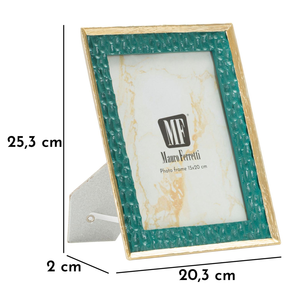 Cornice Grent 20,3x2x25,3 cm con misure evidenziate, fotocornice elegante Mauro Ferretti, misura interna 15x20 cm