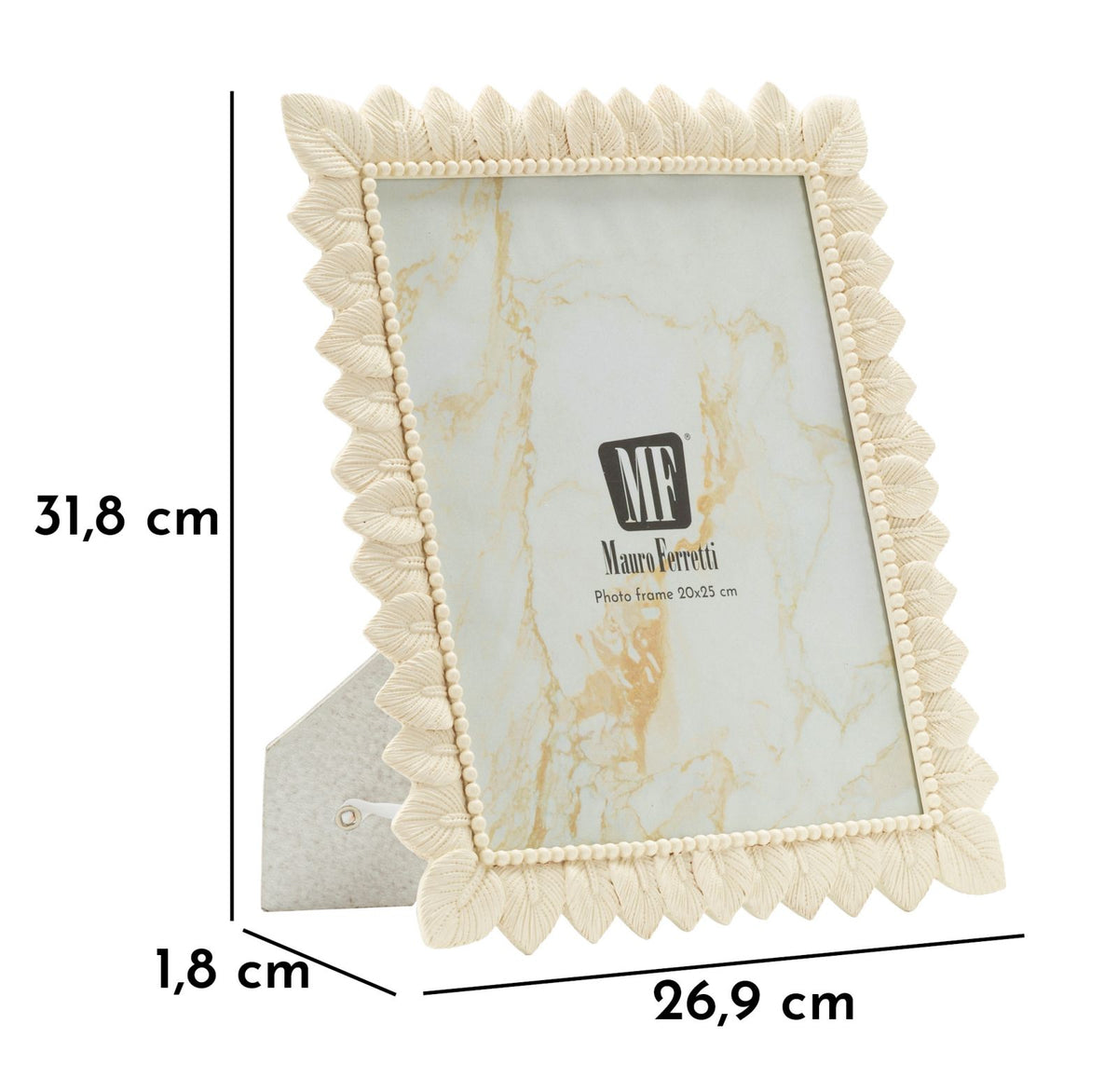 Fotocornice Light Leaf Mauro Ferretti con misure 26,9x1,8x31,8 cm, adatta a foto 20x25, con supporto da tavolo e design a foglie.
