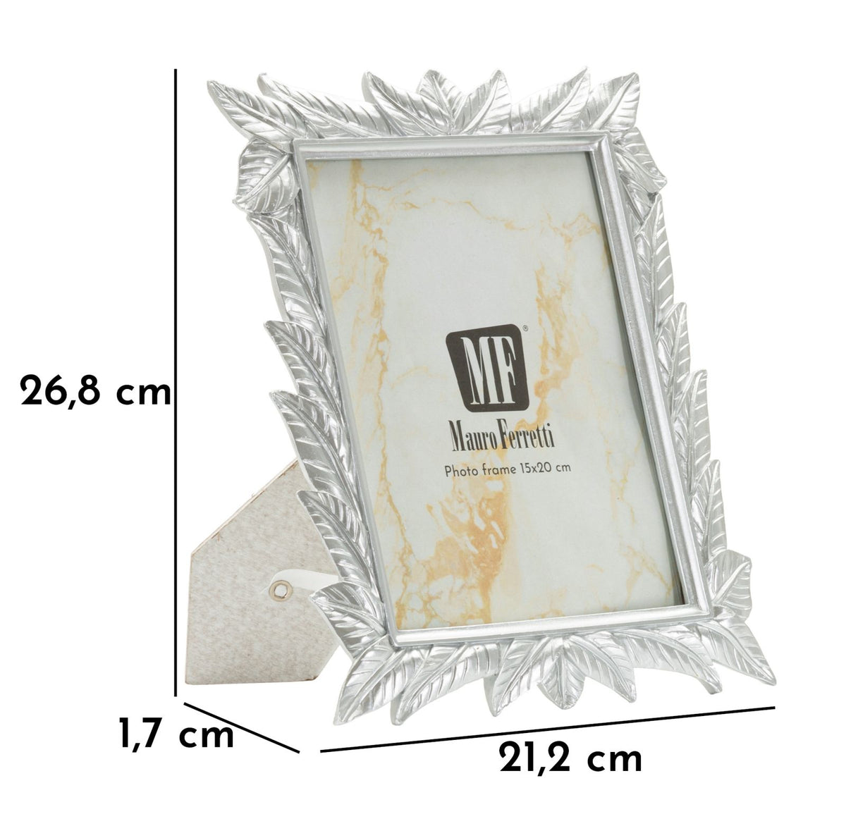 Cornice Leavy Silver 21,2x1,7x26,8 cm con misure evidenziate, struttura decorativa a foglie per foto 15x20 cm Mauro Ferretti.