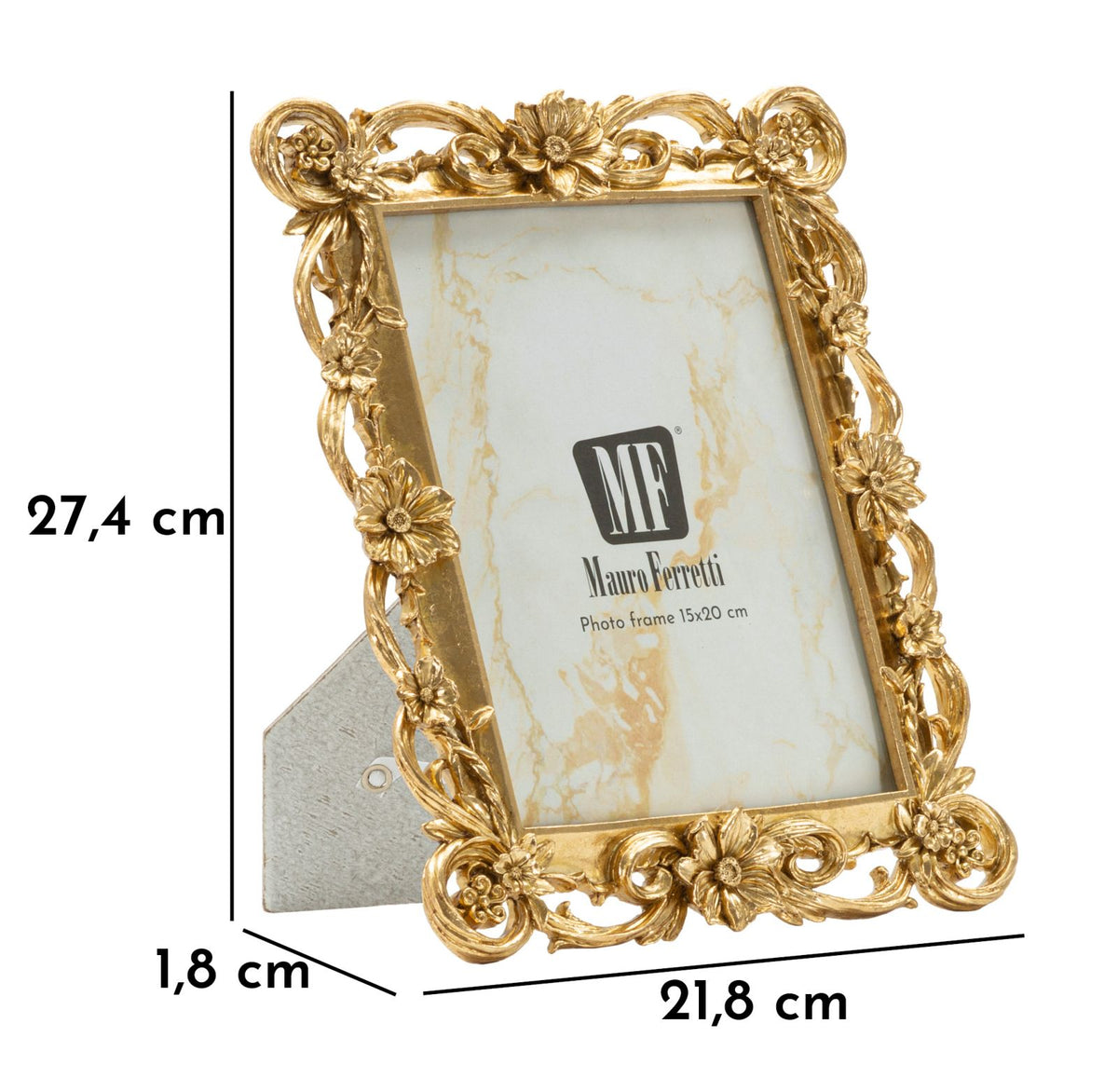 Cornice barocca dorata Mauro Ferretti con dimensioni 21,8x1,8x27,4 cm e misura interna 15x20 cm, ideale per foto verticali.