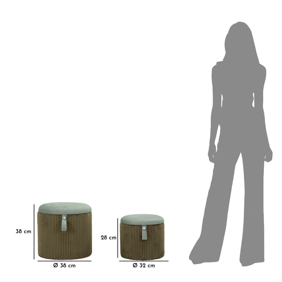 Dimensioni dei pouf contenitore verde Bolzano Ø 38x38-32x28 con silhouette comparativa, ideali per arredamento funzionale.