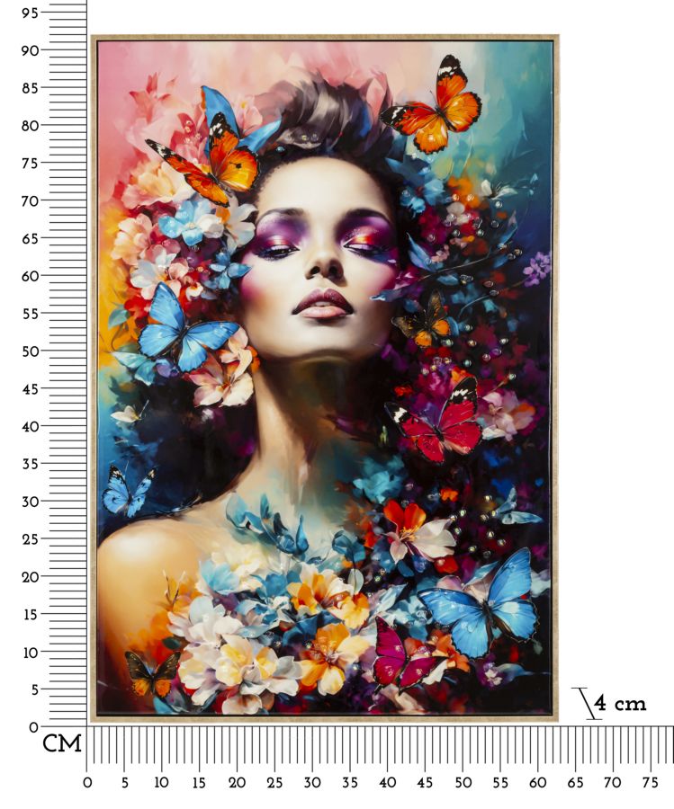 Misure del dipinto su tela laccato Marty con cornice: 62x4x92 cm, decorazione da parete con soggetto femminile e farfalle multicolore.