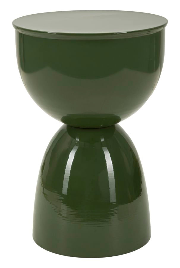 Tavolinetto in metallo Yao verde con base a forma di clessidra, superficie liscia e lucida, design moderno ed elegante per soggiorno