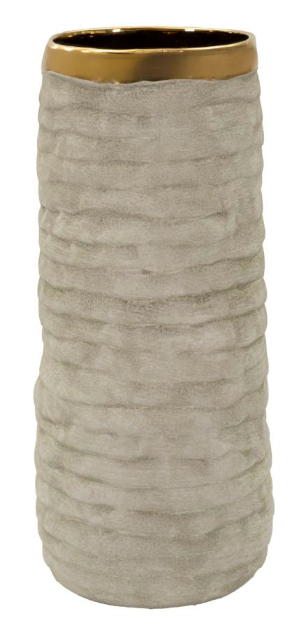 Vaso in ceramica con finitura opaca e dettagli ruvidi, bordo superiore dorato, stile moderno e versatile per decorare il soggiorno.