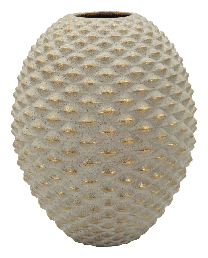 Vaso pepipas ball in ceramica con texture rilievo dorato, forma sferica, altezza 36 cm, diametro 29,5 cm, apertura 8,5 cm, stile decorativo