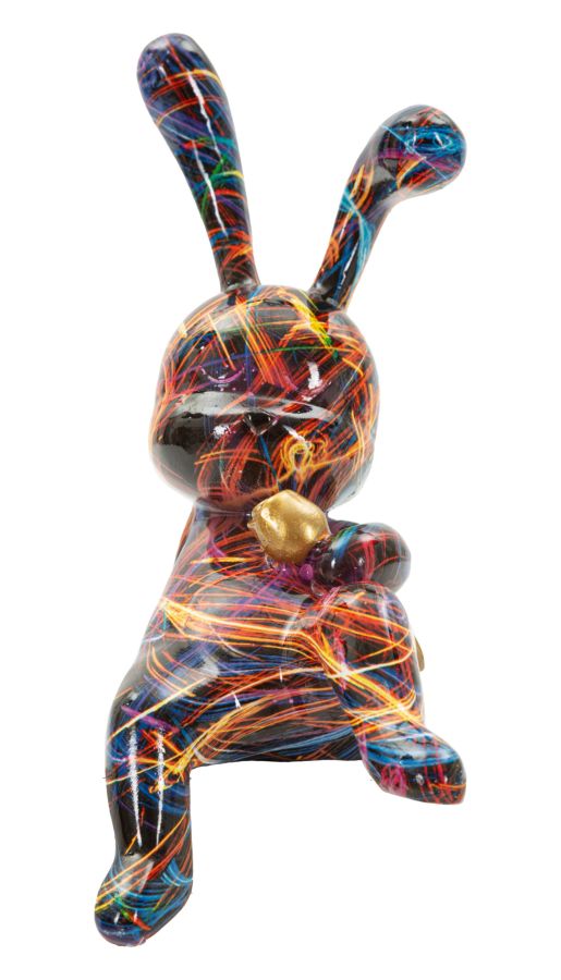 Statua decorativa coniglio in polyresin con design astratto colorato, altezza 21 cm, con dettagli dorati e forma moderna per decorazione casa