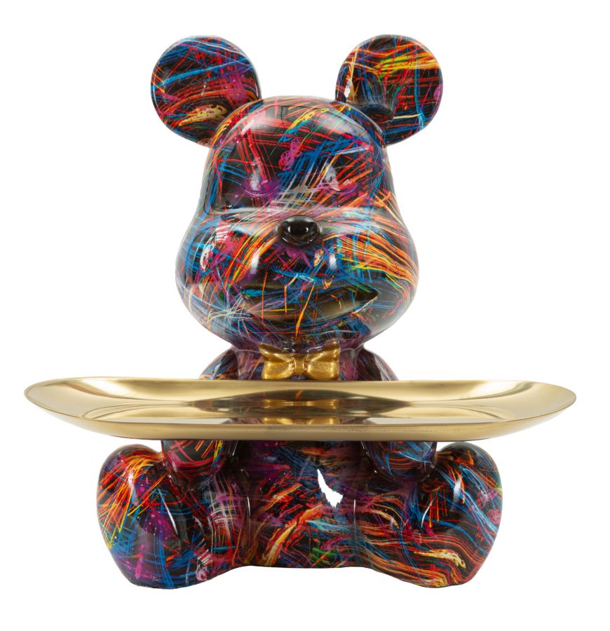 Statua decorativa di un orsetto in resina con finitura colorata astratta, con fiocco dorato e piattino dorato, ideale per decorazioni moderne