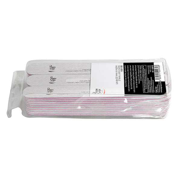 Lima per unghie Peggy Sage Lotto 30 Limette 100/100, grana 100/100, con superficie bianca e dettagli rosa, confezione da 30 pezzi