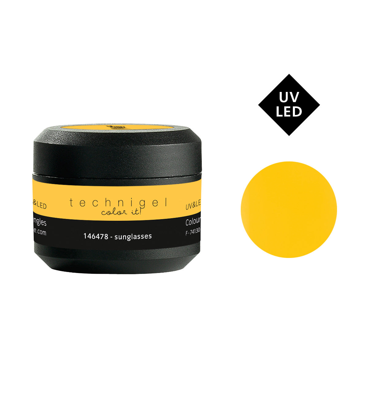 Contenitore nero con etichetta gialla per gel UV colorato per unghie, colore giallo, 5g, ideale per manicure vivaci e durature