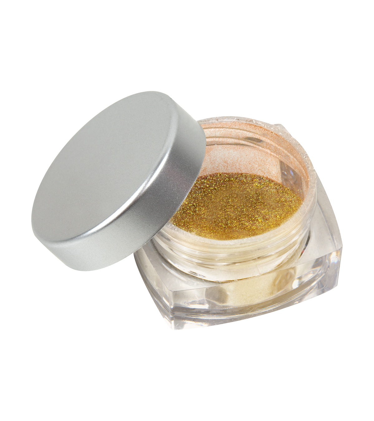Paillette unghie gold chrome effetto specchio in contenitore trasparente con tappo argento, ideale per decorazioni su smalto semipermanente.