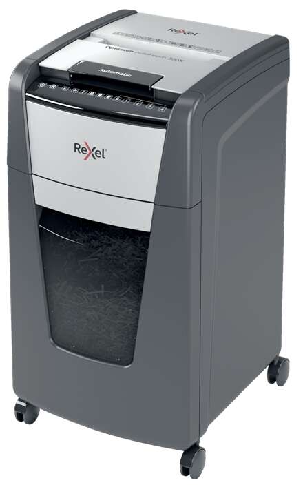 Rexel Optimum AutoFeed 300X Distruggi Documenti Automatico Taglio Particelle P-4 - Alimentazione Automatica 300 Fogli e Slot Manuale 10 Fogli - Funzionamento Ininterrotto 60min - Cestello 34L - Colore Grigio/Argento
