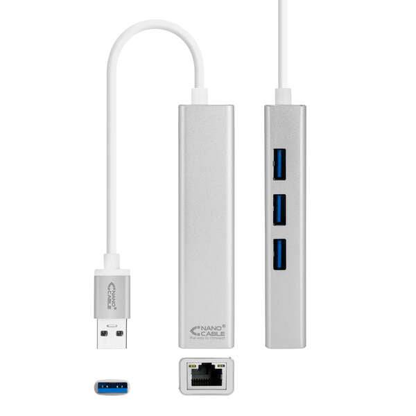 Nanocable Convertitore USB 3.0 a Ethernet Gigabit + 3xUSB 3.0 - Alluminio - 15 cm - Colore Argento