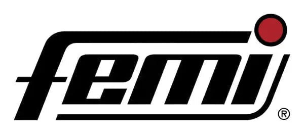 Logo ufficiale Femi per smerigliatrici e utensili elettrici professionali, design nero con punto rosso su sfondo bianco.