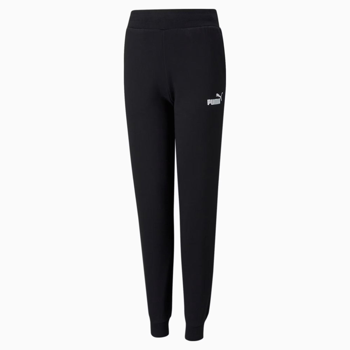 Pantaloni tuta Puma ragazza in felpa neri con vita elastica, tasche laterali e logo Puma bianco sul fianco, materiali riciclati, stile sportivo