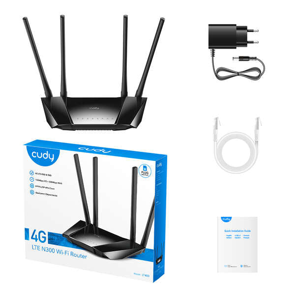 Cudy LT400 Router WiFi N 4G LTE 300 Mbps - 1x Porta Wan 10/100Mbps e 3x Porte Lan 10/100Mbps - 4 Antenne Esterne