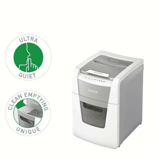 Leitz IQ 100 Autofeed P4 Distruggidocumenti Automatico Taglio a Frammenti P-4 - Alimentazione Automatica 100 Fogli, Manuale 8 Fogli - Capacità Vaschetta 34L - Colore Bianco/Grigio