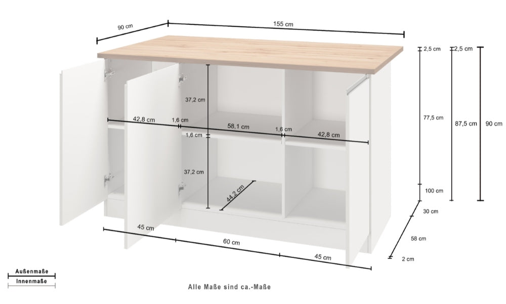 Isola Cucina SOLE 3 Ante – Bianco Lucido/Rovere, 155x90x90 cm, Made in Italy