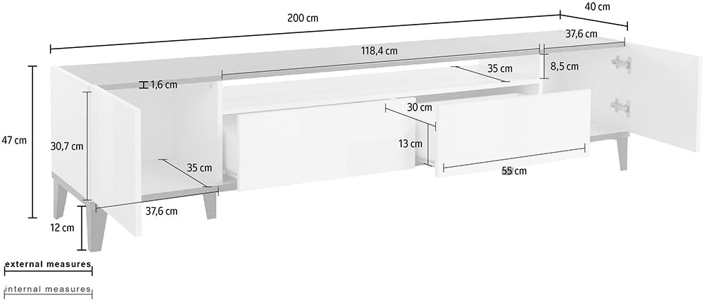 Porta TV SUNRISE 200 cm - Bianco/acero, con 2 vani e 2 cassetti