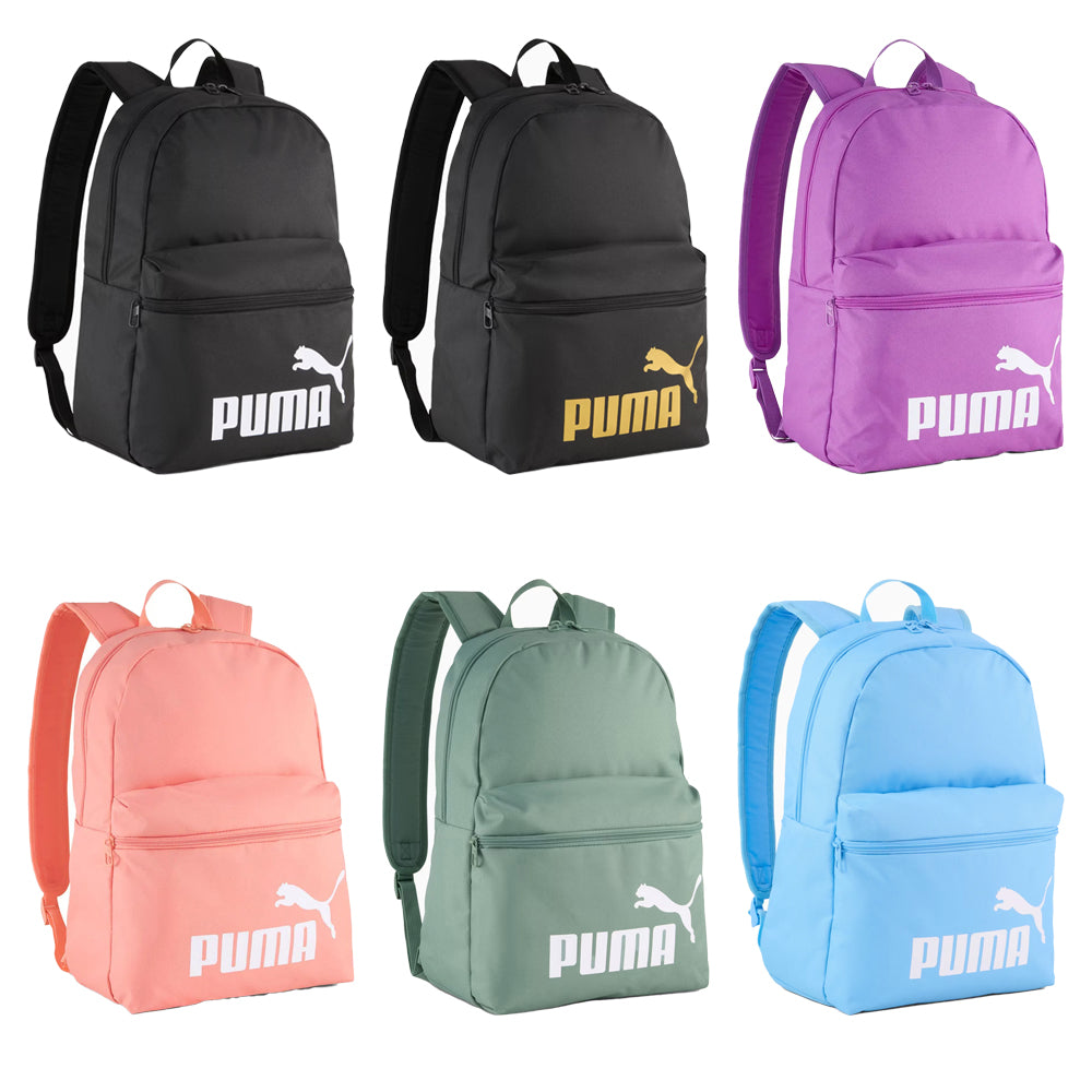 Zaino Puma nero con logo bianco, spallacci imbottiti e scomparto frontale con zip, ideale per scuola o sport