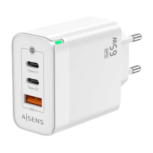 Aisens Caricatore GAN 65W - 2xUSB-C PD3.0 QC4.0 - 1xUSB-A QC3.0 - Colore Bianco