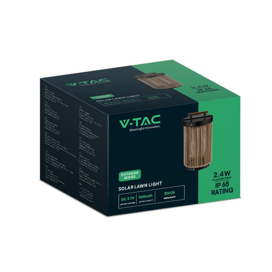 Imballo della lampada solare LED da giardino con scatola verde e nera, potenza 2.4W, IP65, batteria da 2600mAh, luce calda 3000K