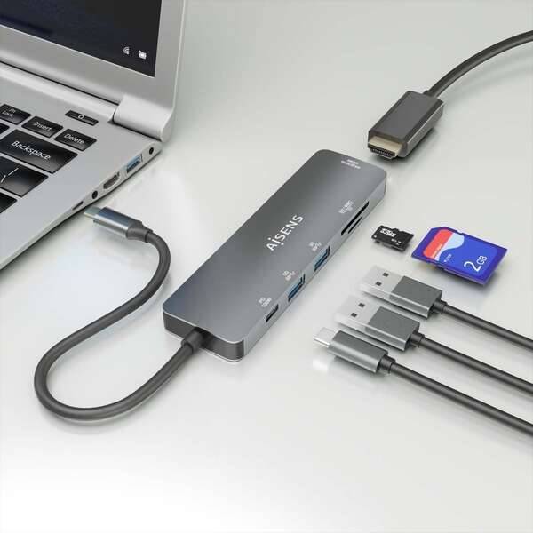 Aisens USB-C Dock 6 in 1 - USB-C a 1xHDMI - 2xUSB-A - 1xUSB-C PD 100W - 1xSD - 1xMicro SD - 15cm