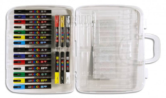 Posca Valigetta Plastica con 20 Pennarelli di Pittura - Punta in Poliestere - Inchiostro Pigmentato a Base Acqua - Non Permanente - Resistente alla Luce - Colori e Spessori Assortiti