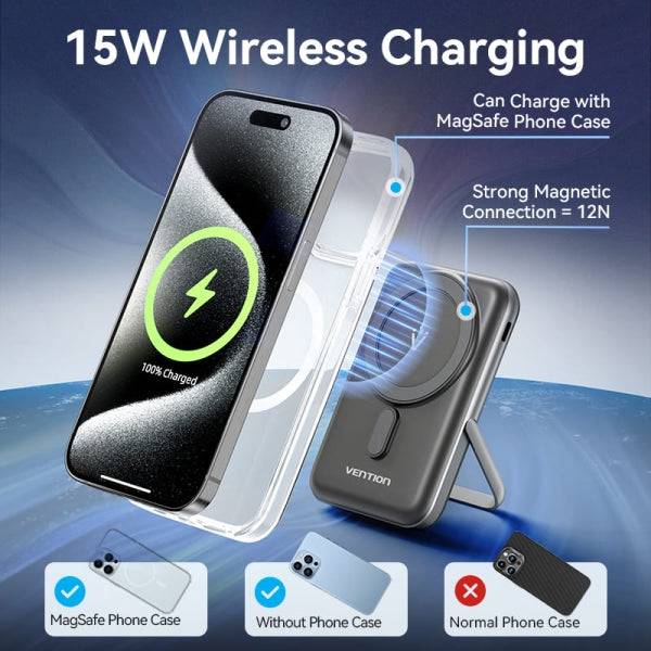 Vention Power Bank 1000mAh Magnetico Wireless - USB-C - Ricarica Rapida 20W - Colore Nero