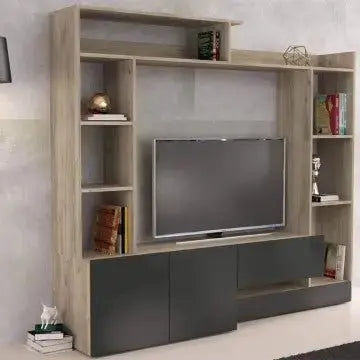 Parete Soggiorno Entry Antracite e Olmo, Dimensioni: cm 180 x 28/40 x 165 h Pareti Attrezzate Hobby Shop Solution