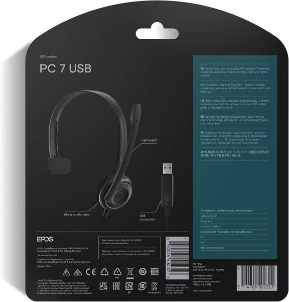 Epos PC 7 USB Auricolare Monoaurale con Microfono - Cavo 2m - Colore Nero
