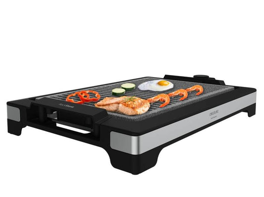 Cecotec Tasty and Grill 2000 Inox LineStone Piastra Elettrica - 2000W - Finiture Acciaio Inossidabile - Antiaderente - Termostato - Adatta alla Lavastoviglie - Vassoio Raccogligrasso - 37.5x24.5cm - Colore Nero