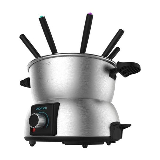 Cecotec Fun GourmetFondue Fonduta Elettrica - Potenza 1000W - Acciaio Inossidabile - Termostato Regolabile - Coperchio Antischizzo - Include 8 Forchette - Adatta alla Lavastoviglie