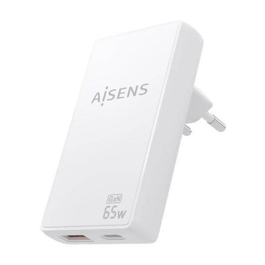 Aisens Caricatore GaN Ultra Sottile 65W - 1xUSB-C PD3.0 QC4.0 - 1xUSB-A QC3.0 - Tecnologia AI - Colore Bianco