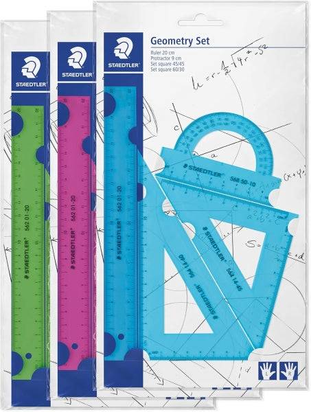 Staedtler Espositore con 18 Confezioni di Righelli - La Confezione Include Righello Diritto 20cm, Goniometro, Squadra 60/30 Gradi e Cartabella 45 Gradi - Colori Neon Assortiti