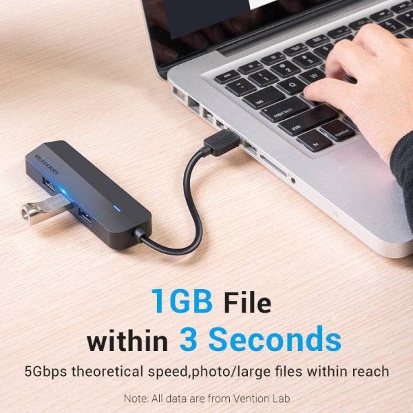 Vention Hub USB 4 in 1 - 3xUSB-A - Ethernet RJ45 - Cavo USB-A da 15cm - Indicatore LED - Velocità fino a 5Gbps - Colore Nero