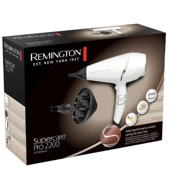 Remington Supercare Pro 2200AC Asciugacapelli 2200W - Bocchette Concentratrici - Motore AC Professionale - Colore Bianco