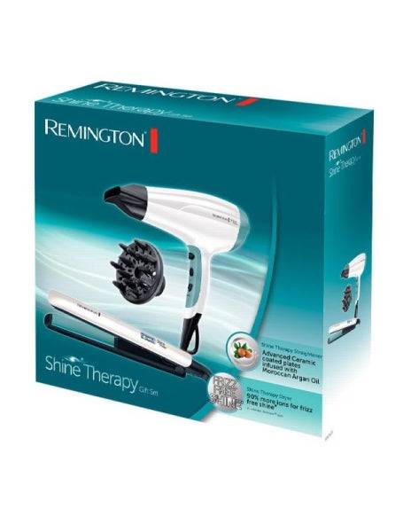 Remington Shine Therapy Pack Asciugacapelli e Piastra - 2300W - Asciugacapelli con Griglia Ceramica-Ionica - Piastra Ceramica con Rivestimento Olio di Argan