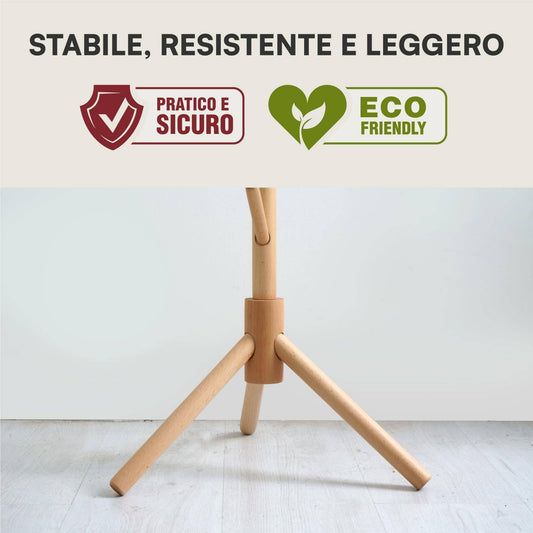 Base dell'appendiabiti in legno naturale, stabile e leggera, con icone che evidenziano sicurezza e sostenibilità eco-friendly per uso domestico.