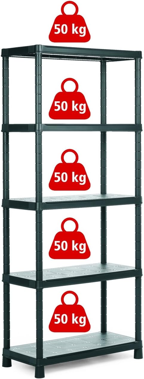Scaffale in resina con 5 ripiani rinforzati, capacità di 50 kg per ripiano, design nero, perfetto per organizzare oggetti pesanti.