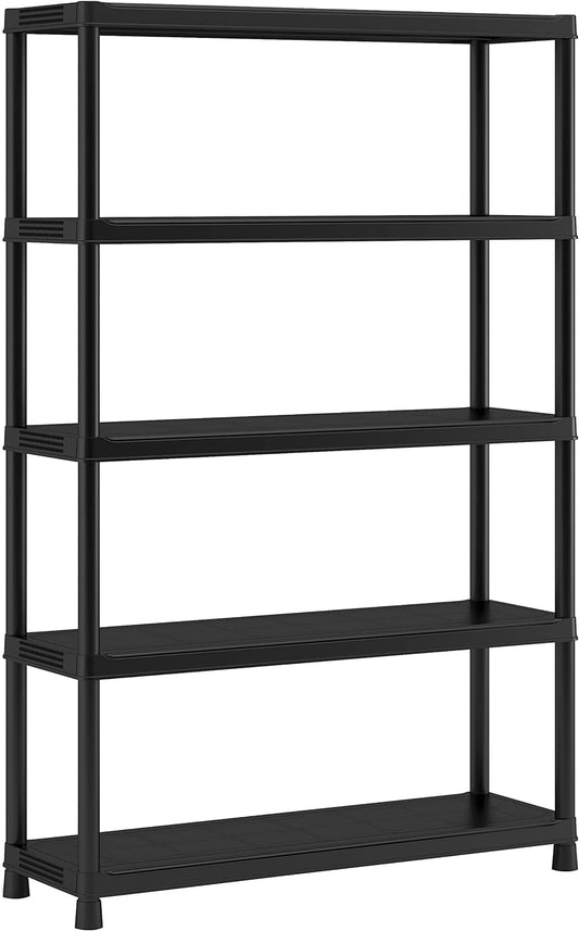 Scaffale in resina PLUS 120x40x187H nero con 5 ripiani robusti, ideale per organizzare oggetti in casa o garage.