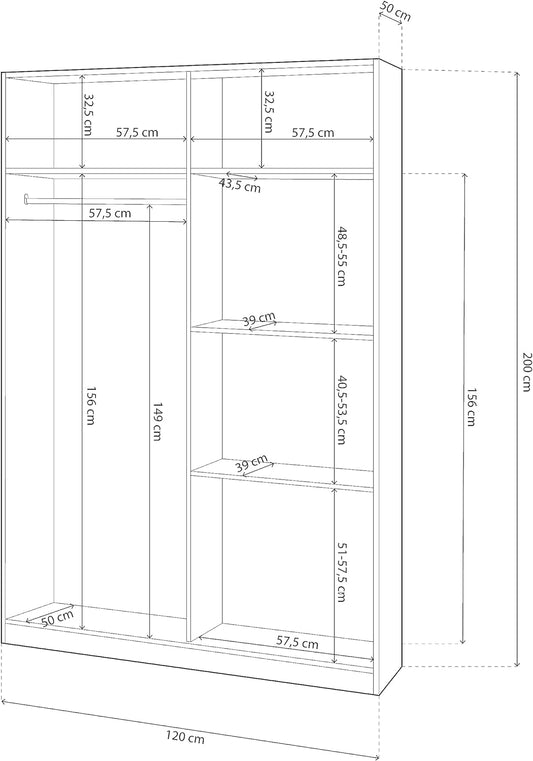Schema tecnico armadio bianco 2 ante scorrevoli 120x50x200 con misure dettagliate di ripiani e area appendiabiti.