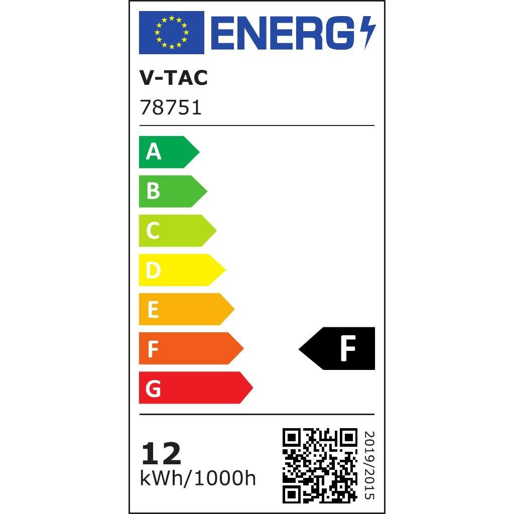Etichetta energetica della plafoniera LED V-TAC 12W rotonda, classe energetica F, con codice SKU 78751 e QR code per info prodotto