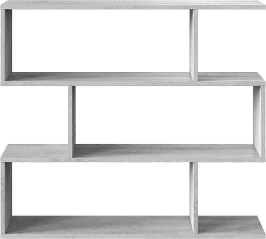 Libreria alta Athena a zig zag colore cemento, struttura moderna e minimalista, perfetta per organizzare libri e oggetti decorativi.