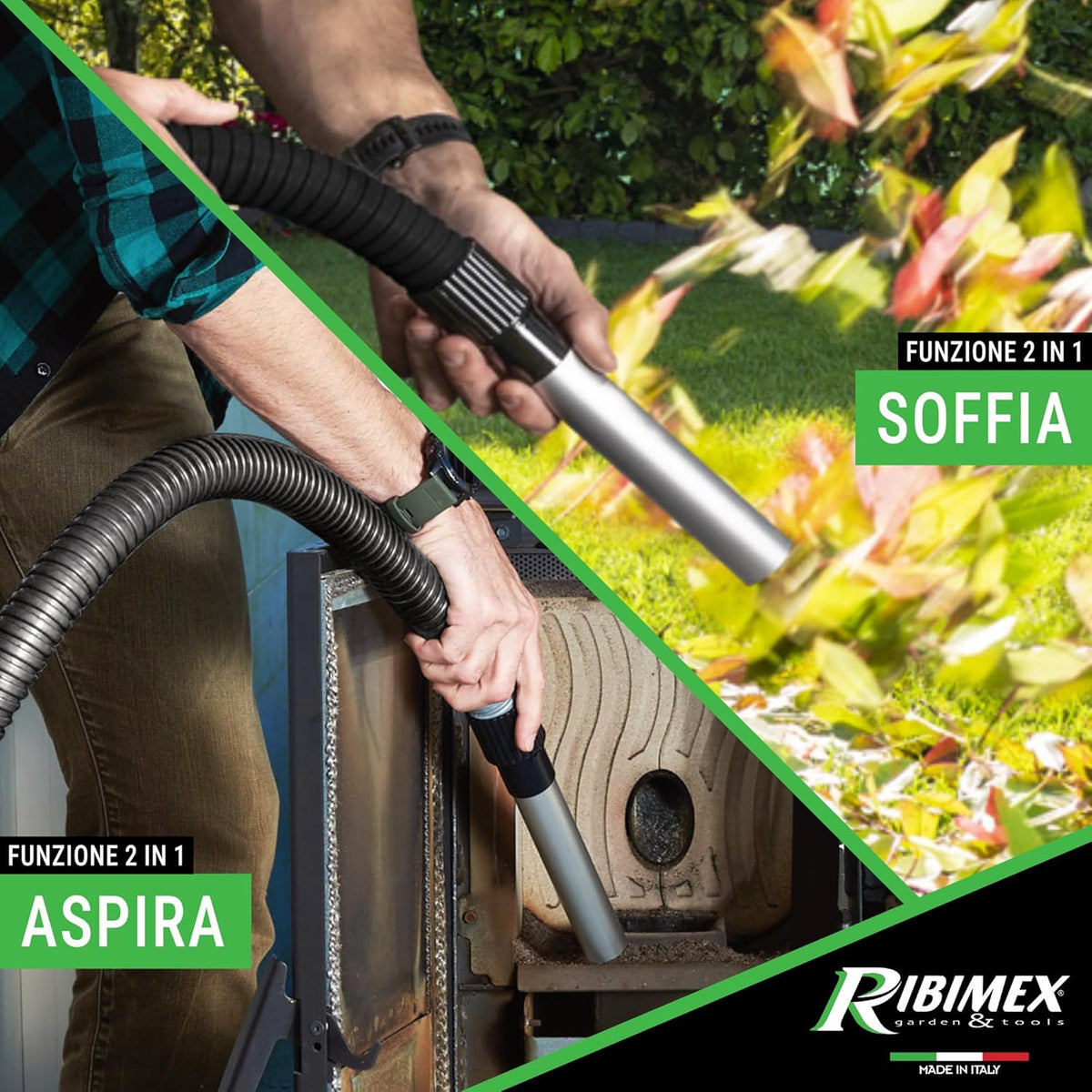 Funzione 2 in 1 dell'Aspiracenere Cene Top, ideale per aspirare cenere e soffiare foglie, perfetto per uso domestico e giardino.