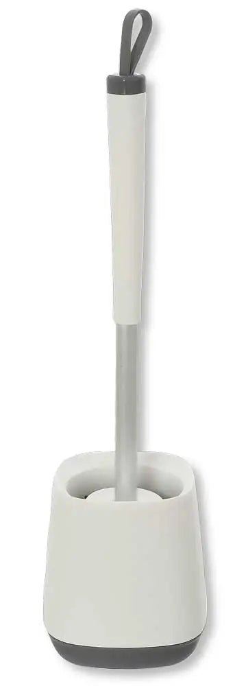 Portascopino bianco con manico in alluminio e ciuffo in silicone, design compatto e igienico, ideale per piccoli spazi bagno.