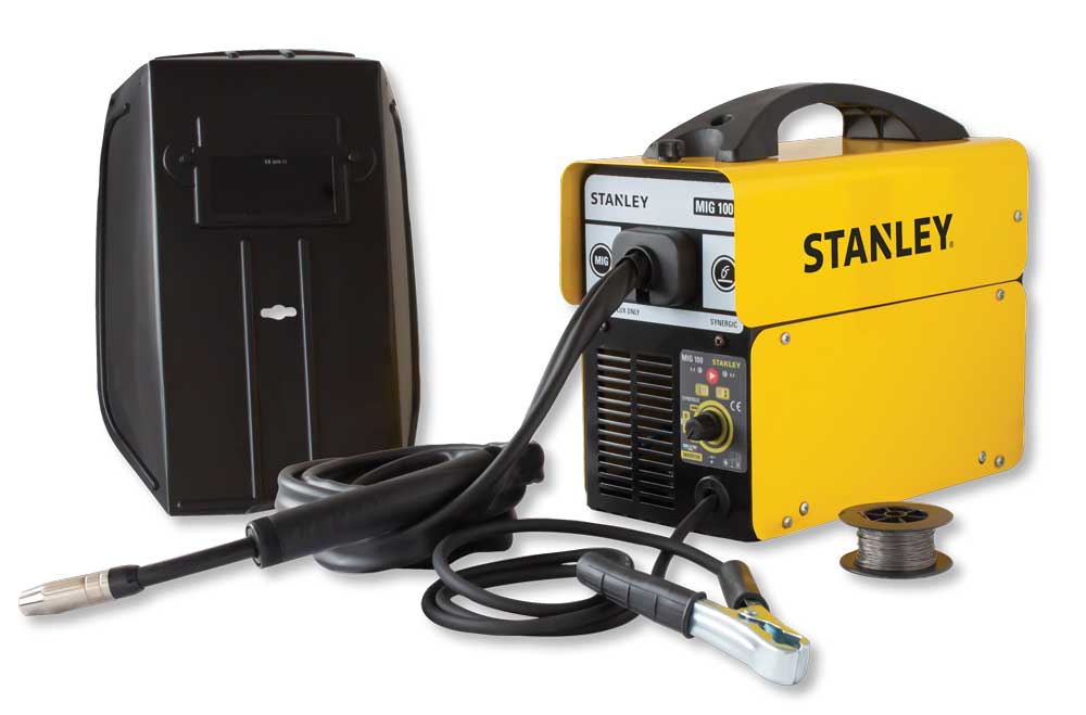 Saldatrice filo inverter Stanley MIG100 gialla e nera, compatta, con alimentatore e bobina di filo, ideale per saldatura a filo continuo senza gas