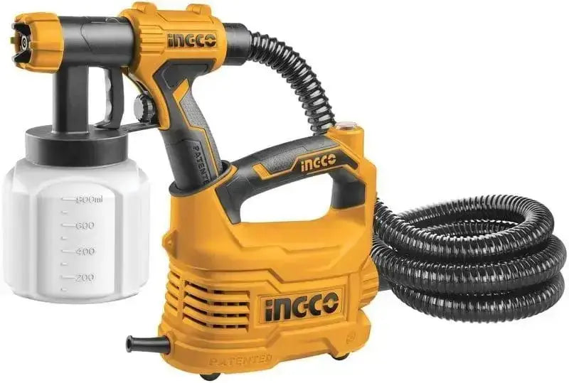 Aerografo elettrico 500W INGCO con serbatoio graduato e tubo flessibile, ideale per verniciature precise e fai-da-te professionale.