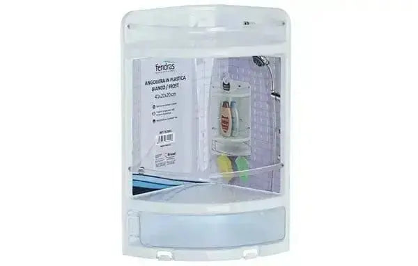 Angoliera Bagno Bianca in resina con cassetto e ganci per spugne, ideale per organizzare accessori bagno in modo compatto e funzionale.