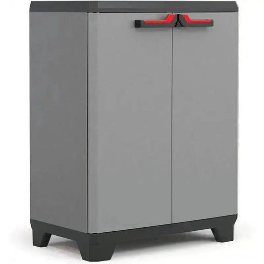 Armadio in resina Stilo Cabinet Low grigio scuro con doppia anta chiusa, maniglia ergonomica rossa, dimensioni 90x68x39 cm.
